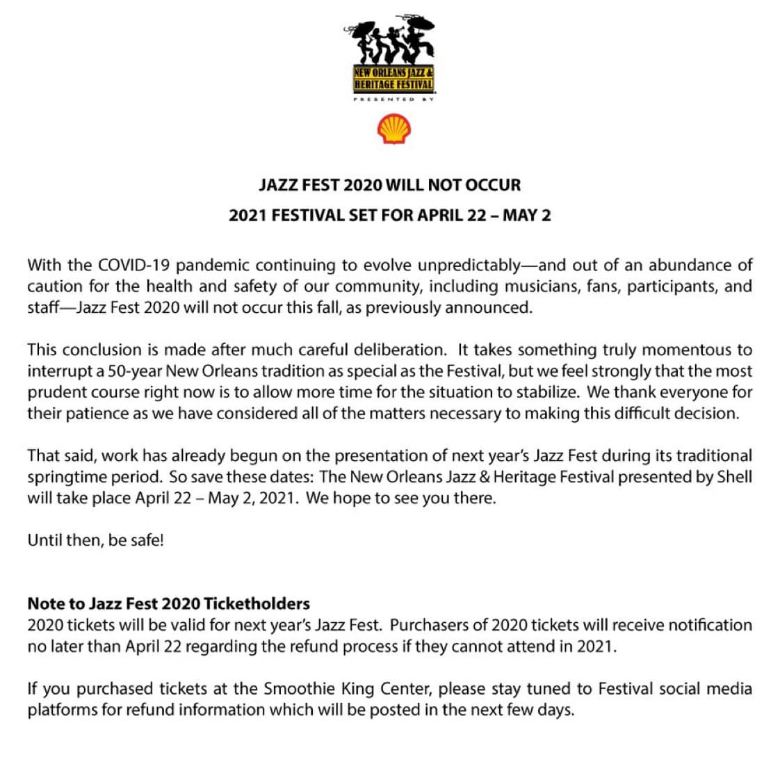 Letter cancelling 2020 Jazz Fest